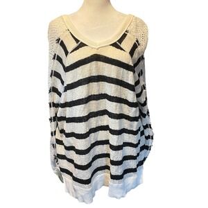 Free People Women Coastal Boho Fisherman Striped Oversized Crochet Sweater L